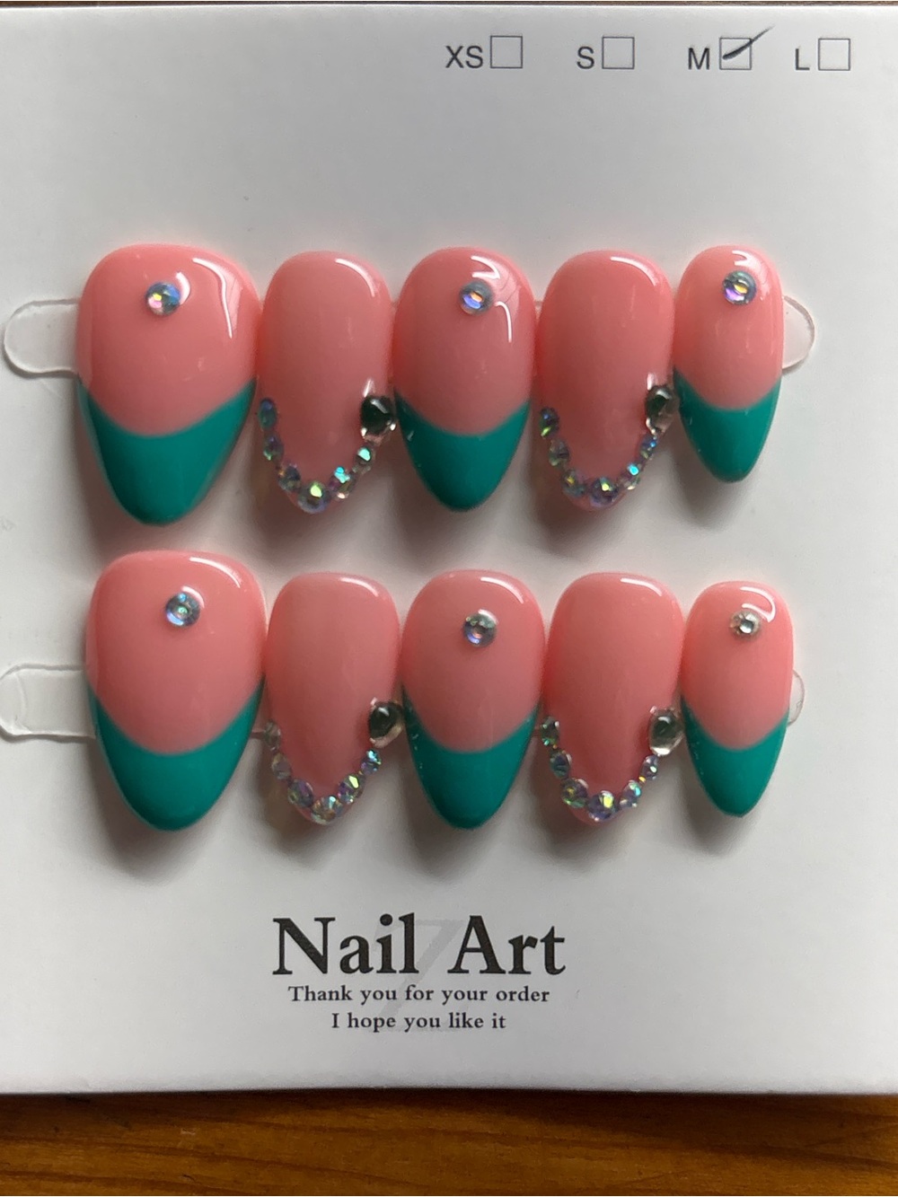 Nail Art Coral Pink and Teal Press-On Nails with Rhinestone Accents